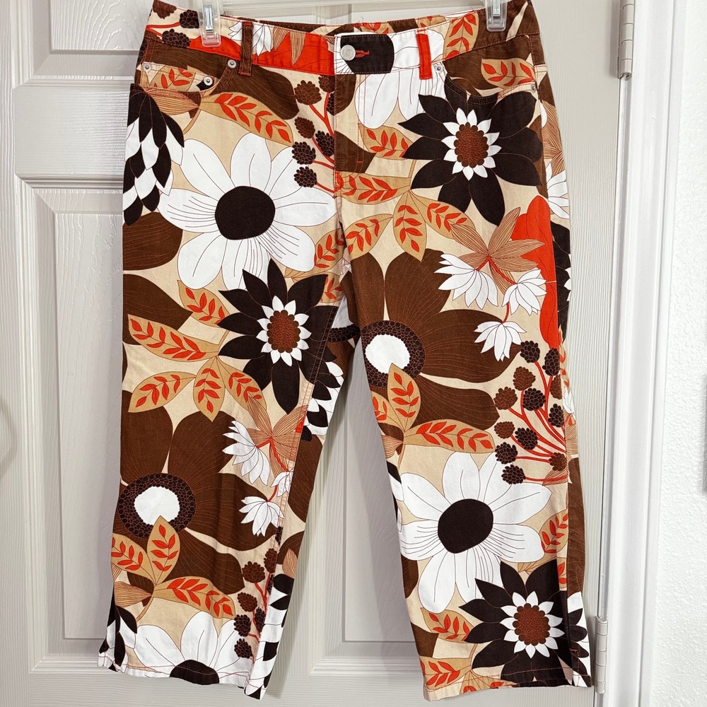 Vintage Ann Taylor Capri Pants 12 Brown Orange Floral Retro 70s Cropped 90s Y2K